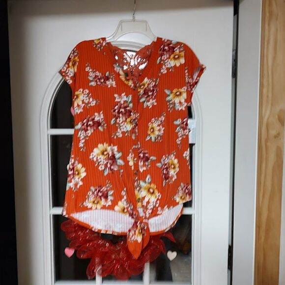 New Bobbie Brooks Orange Flowered Crochet Back Tie Front Top Size Women's L - Picture 1 of 3